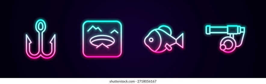 Set line Fishing hook, Winter fishing,  and rod. Glowing neon icon. Vector