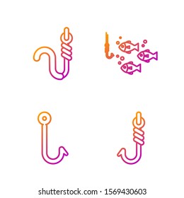 Set line Fishing hook, Fishing hook, Fishing hook and worm and Fishing hook under water with fish. Gradient color icons. Vector