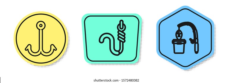 Set line Fishing hook, Fishing hook and worm and Fishing rod and fish. Colored shapes. Vector