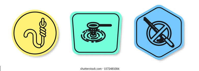 Set line Fishing hook and worm, Fishing net in water and No fishing. Colored shapes. Vector