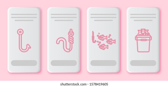 Set line Fishing hook, Fishing hook and worm, Fishing hook under water with fish and Fishing bucket with fishes. White rectangle button. Vector