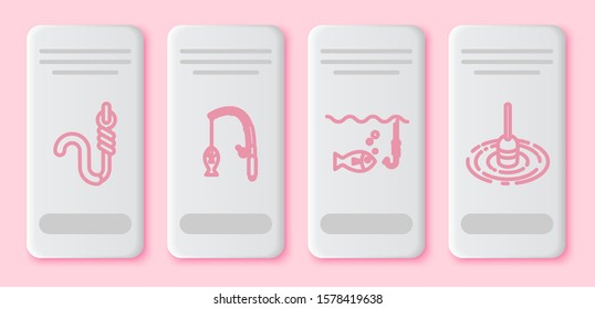 Set line Fishing hook and worm, Fishing rod and fish, Fishing hook under water with fish and Fishing float in water. White rectangle button. Vector