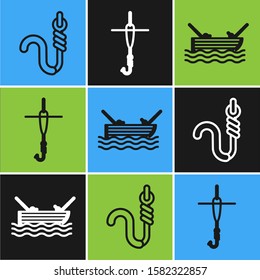 Set line Fishing hook and worm, Fishing boat with fishing rod on water and Fishing hook and float icon. Vector