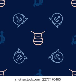 Fijar la línea de gancho y gusano de pesca, y red sobre un patrón sin fisuras. Vector