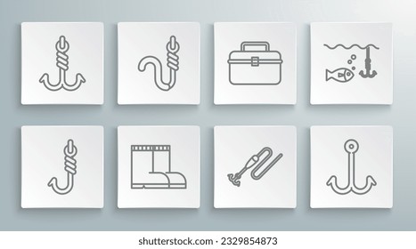 Fijar la línea de gancho de pesca, y gusano, botas, línea con flotador, Caja de maletín para equipos de pesca de artes de trabajo, bajo agua e icono. Vector