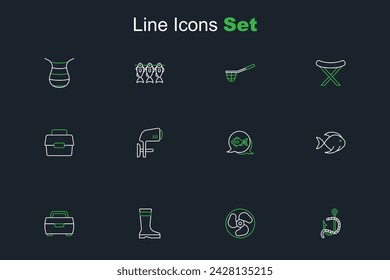 Set line Fishing hook and worm, Outboard boat motor, boots, bucket with fish,  and Case box for fishing icon. Vector