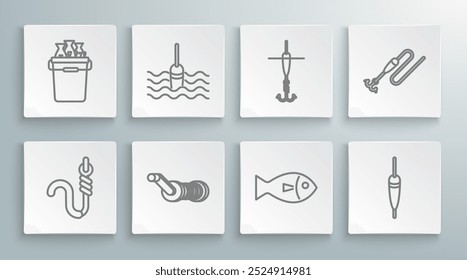 Set line Fishing hook and worm, float water, Spinning reel for fishing, line with and bucket fishes icon. Vector