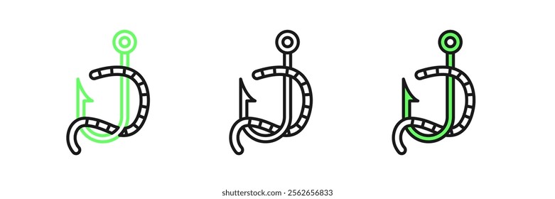 Set line Fishing hook and worm icon isolated on white background. Fishing tackle.  Vector