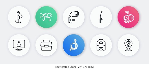 Set line Fishing hook and worm, Spinning reel for fishing, Inflatable boat with motor, rod, Outboard, Location and Case box icon. Vector