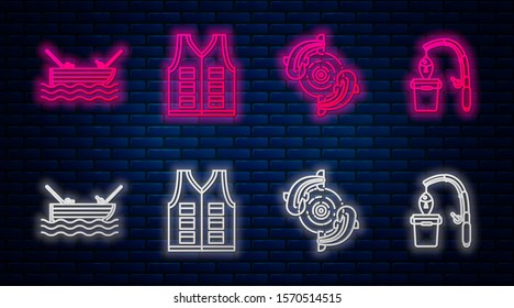 Set line Fishing jacket, Fish, Fishing boat with fishing rod on water and Fishing rod and fish. Glowing neon icon on brick wall. Vector