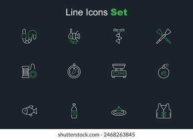 Set line Fishing jacket, float water, Bottle of vodka, Bomb, Electronic scales, Compass and Spinning reel for fishing icon. Vector