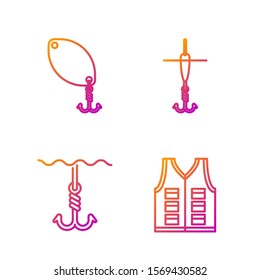 Set line Fishing jacket, Fishing hook under water, Fishing spoon and Fishing hook and float. Gradient color icons. Vector