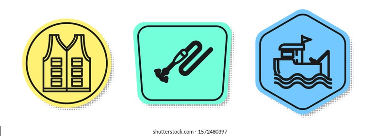 Set line Fishing jacket, Fishing line with hook and float and Fishing boat with fishing rod on water. Colored shapes. Vector