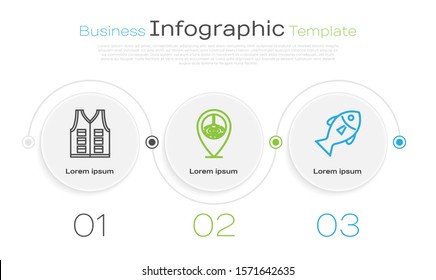 Set line Fishing jacket, Location fishing and Fish. Business infographic template. Vector