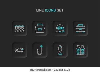 Set line Fishing jacket, lure, Fisherman, hook, Case or box for fishing and equipment icon. Vector