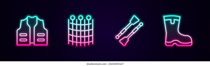 Set line Fishing jacket, net pattern, Oars or paddles boat and boots. Glowing neon icon. Vector