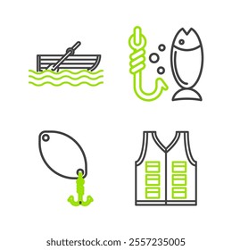 Set line Fishing jacket, spoon,  and boat with oars water icon. Vector