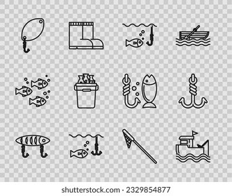 Set line Fishing lure, boat with fishing rod on water, hook under, spoon, bucket fishes, net and  icon. Vector
