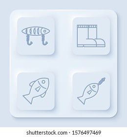 Set line Fishing lure, Fishing boots, Fish and Fish on hook. White square button. Vector