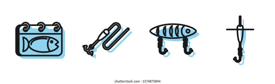 Set line Fishing lure, Calendar with a fish, Fishing line with hook and float and Fishing hook and float icon. Vector