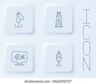 Set line Fishing lure, Fisherman pants, Location fishing and . White square button. Vector