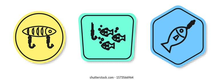 Set line Fishing lure, Fishing hook under water with fish and Fish on hook. Colored shapes. Vector