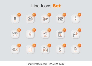 Set line Fishing lure, jacket, net, rod and fish, Served on plate and hook icon. Vector