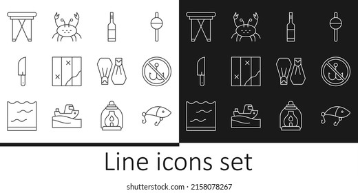 Set line Fishing lure, No fishing, Bottle of vodka, Folded map, Knife, Folding chair, Rubber flippers for swimming and Crab icon. Vector