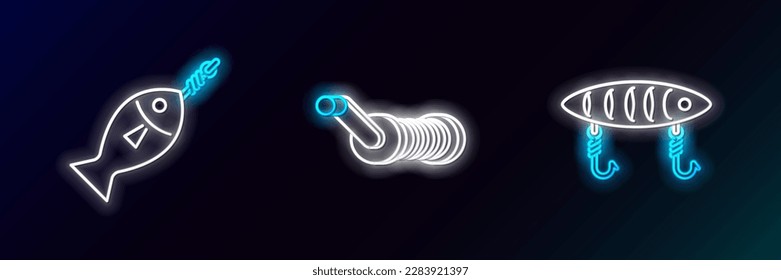 Set line Fishing lure, on hook and Spinning reel for fishing icon. Glowing neon. Vector