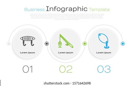 Set line Fishing lure, Fishing rod and fish and Fishing spoon. Business infographic template. Vector