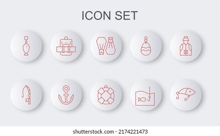 Set line Fishing lure, rod, Rubber flippers for swimming, hook with fish, spoon, Hiking backpack, Anchor and Lifebuoy icon. Vector