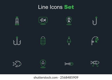 Set line Fishing lure, skeleton, hook, bucket with fish, rod and, float, net and  icon. Vector