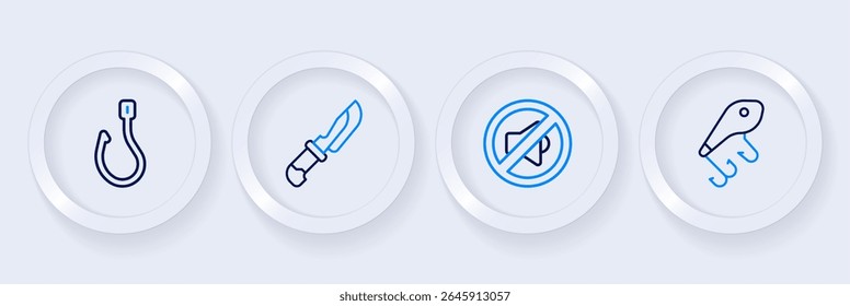 Set line Fishing lure, Speaker mute, Knife and hook icon. Vector