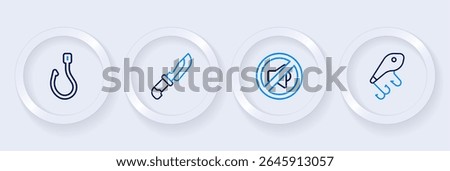 Set line Fishing lure, Speaker mute, Knife and hook icon. Vector