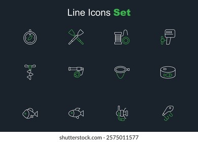 Set line Fishing lure, Spinning reel for fishing, Canned, net, rod and Hand ice drill icon. Vector