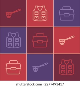 Set line Fishing net, Case or box for fishing and jacket icon. Vector
