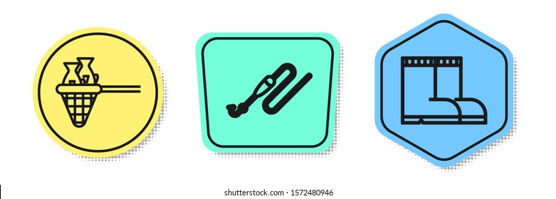 Set line Fishing net with fish, Fishing line with hook and float and Fishing boots. Colored shapes. Vector