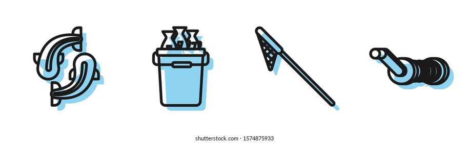 Set line Fishing net, Fish, Fishing bucket with fishes and Spinning reel for fishing icon. Vector