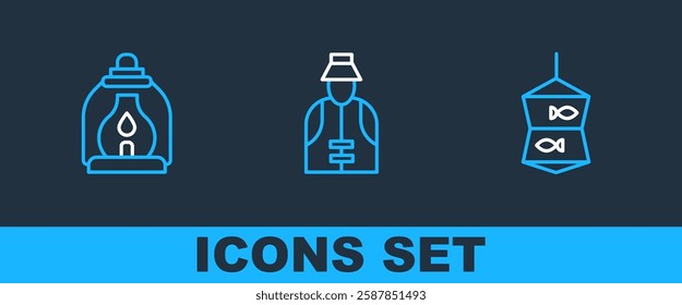 Set line Fishing net with fish, Camping lantern and Fisherman icon. Vector