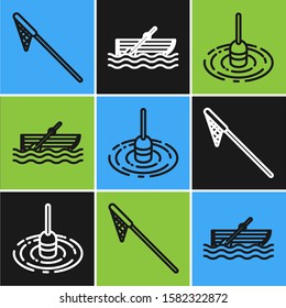 Set line Fishing net, Fishing float in water and Fishing boat with oars on water icon. Vector