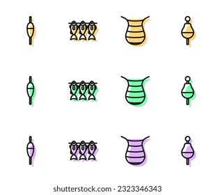 Set line Fishing net, float, Dried fish and  icon. Vector