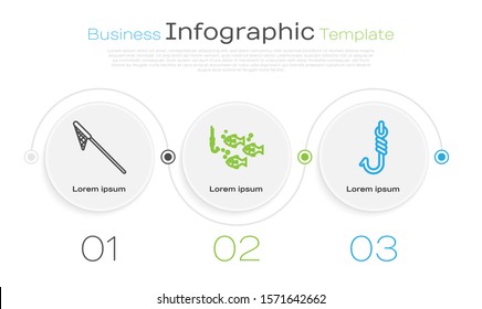 Set line Fishing net, Fishing hook under water with fish and Fishing hook. Business infographic template. Vector