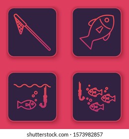 Set line Fishing net, Fishing hook under water with fish, Fish and Fishing hook under water with fish. Blue square button. Vector