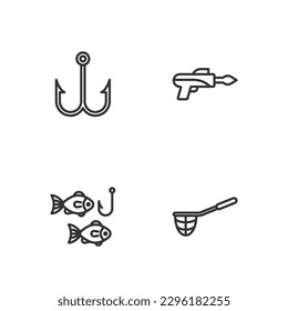 Fijar línea Red de pesca, gancho con peces e icono de arpón. Vector