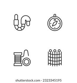 Set line Fishing net pattern, Spinning reel for fishing, Worm and Compass icon. Vector