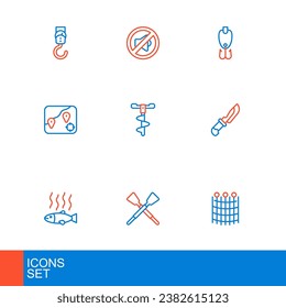 Set line Fishing net pattern, Crossed oars or paddles boat, Dead fish, Knife, Location fishing, Hand ice drill, lure and Speaker mute icon. Vector