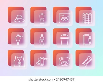 Set line Fishing net pattern, Swiss army knife, bucket, Canned fish, Bottle of vodka, Winter fishing, Fisherman hat and lure icon. Vector
