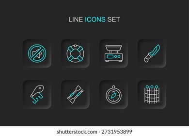 Set Linie Fishing net Muster, Kompass, Ruder oder Paddel Boot, Köder, Messer, elektronische Waage, Lifebuoy und Lautsprecher stumm Symbol. Vektorgrafik