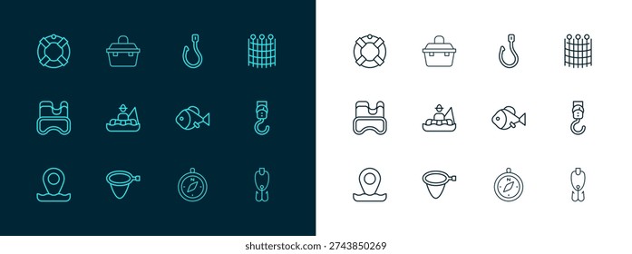 Set line Fishing net pattern, Compass, Fisherman boat, hook, Lifebuoy and Case or box for fishing equipment icon. Vector