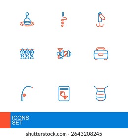 Set line Fishing net, Served fish on plate, rod, hook, Case or box for fishing equipment, Spinning reel, lure and Hand ice drill icon. Vector